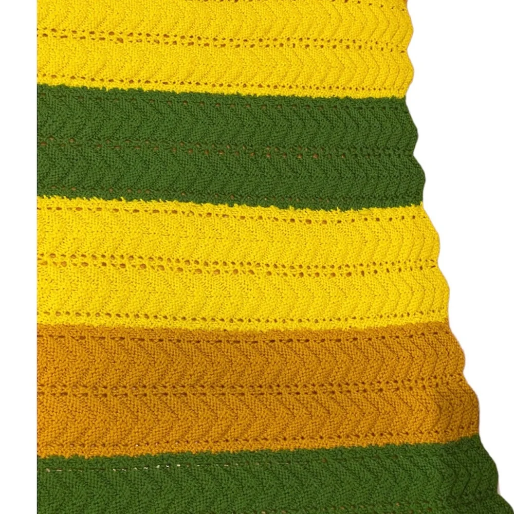 70s Retro Green Yellow Mustard Brown Stripe Afghan Throw Blanket Crochet Knit